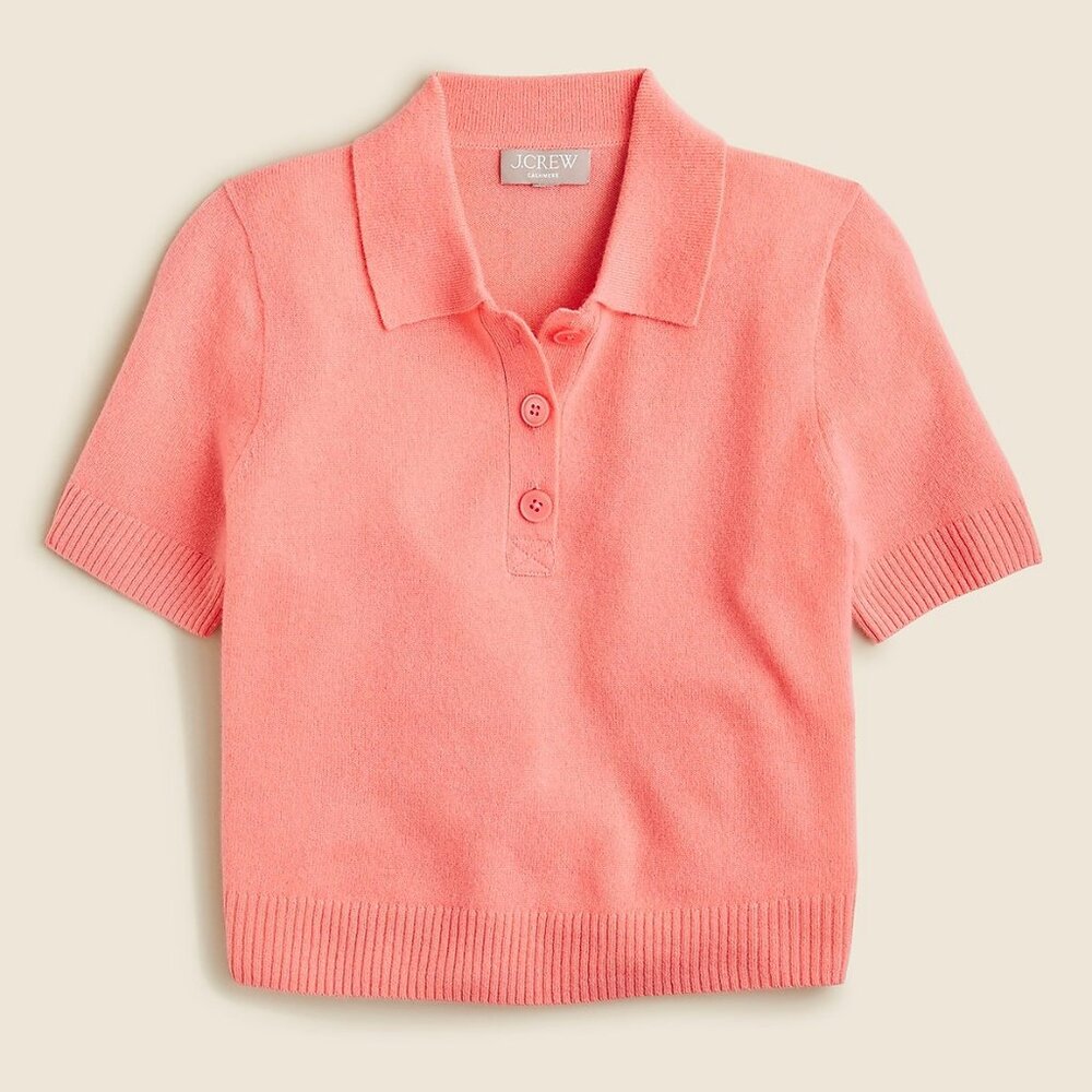 J. Crew Cropped Cashmere Short Sleeve Polo Sweater, Small | Coral/Guava/Pink